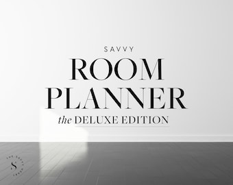 May include: A white wall with the text "SAVVY ROOM PLANNER the DELUXE EDITION" in black. A black and white logo with the text "THE SAVVY HEART" is on the floor.