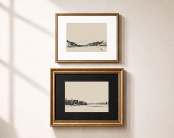 Set of 2 Minimal Landscape Art Prints, Neutral Mountain Wall Art, Minimalist Gallery Wall Set, Rustic Nature Decor, Printed and Shipped