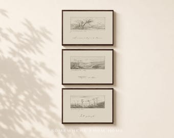Set of 3 Landscape Tree Wall Art, Sketch Art Prints, Neutral Vintage, Gallery wall Horizontal Prints Unframed, Printed and Shipped