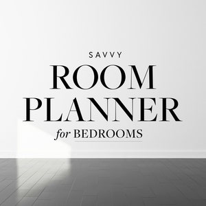 May include: A white wall with the text "SAVVY ROOM PLANNER for BEDROOMS" in black. The text is centered on the wall. The floor is a dark gray tile.