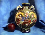 Antique Japanese Satsuma Moriage Moon Flask Vase with Kakihan Mark, Free Shipping (194)