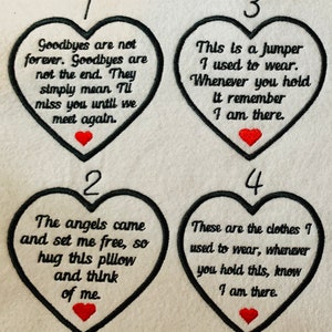 May include: Four heart-shaped embroidered patches with black outlines and text. Each heart has a different message, such as "Goodbyes are not forever" and "This is a jumper I used to wear." Each heart also features a small red heart at the bottom.