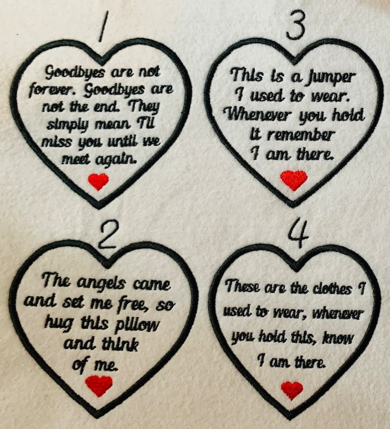 May include: Four heart-shaped embroidered patches with black outlines and text. Each heart has a different message, such as "Goodbyes are not forever" and "This is a jumper I used to wear." Each heart also features a small red heart at the bottom.