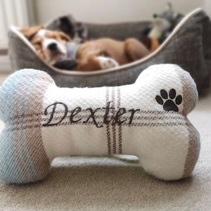 Handmade Personalised Dog Puppy Toy Bone Squeak Christmas Birthday gift High Quality Dog Gift Embroidered Soft Toy Tartan Wool Effect