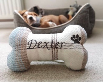 Personalized Dog Bone Toy: Embroidered Tartan Wool Squeaky Puppy Gift