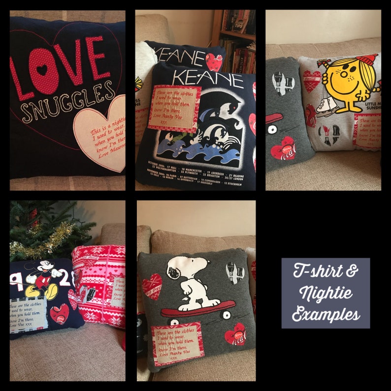 May include: A collection of handmade pillows, each crafted from repurposed t-shirts. Designs include a heart with "LOVE SNUGGLES", a Keane band graphic, Snoopy on a skateboard, and a "Little Miss Sunshine" character. Each pillow has a unique design.