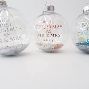 First Christmas as Mr & Mrs Housewarming gift Christmas decoration Rose gold writing Personalised Christmas Bauble Mr and Mrs image 4