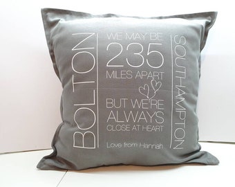 Personalised cushion cover, moving away gift, long distance message, locations cover, miles apart but close at heart, isolation gift