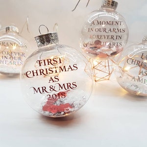 First Christmas as Mr & Mrs Housewarming gift Christmas decoration Rose gold writing Personalised Christmas Bauble Mr and Mrs image 1