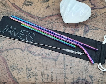 Set of 3 personalised engraved straws with custom travel bag, Free Engraving, wedding favour ideas, steel anniversary gift, cotton bag