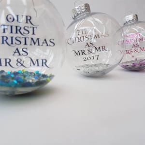 First Christmas as Mr & Mrs Housewarming gift Christmas decoration Rose gold writing Personalised Christmas Bauble Mr and Mrs image 5