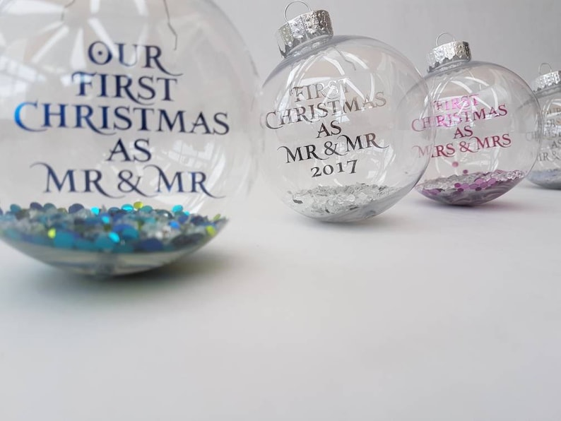 First Christmas as Mr & Mrs Housewarming gift Christmas decoration Rose gold writing Personalised Christmas Bauble Mr and Mrs image 5