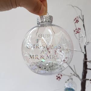 First Christmas as Mr & Mrs Housewarming gift Christmas decoration Rose gold writing Personalised Christmas Bauble Mr and Mrs image 10