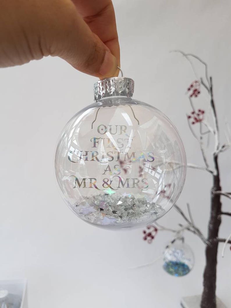 First Christmas as Mr & Mrs Housewarming gift Christmas decoration Rose gold writing Personalised Christmas Bauble Mr and Mrs image 10