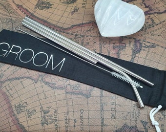 Personalized Silver Metal Straw Set, Engraved Cotton Bag, Eco Friendly