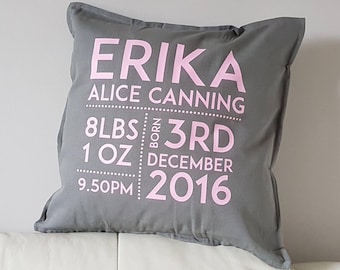 New Baby Girl Gift, Birth announcement cushion cover, baby birth gift, new baby gift, christening gift, new baby cushion, baby birth cushion