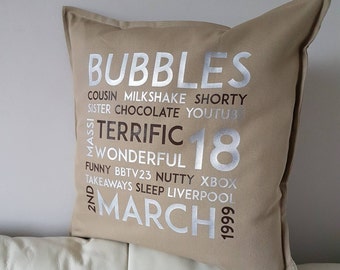 Word art cushion cover gift, Birthday, subway art, 18th, anniversary, mother's day gift, word cloud pillow, Christmas, personalised gift