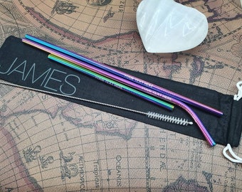 Rainbow Stainless Steel Straw Set: Personalized Cotton Bag, Eco Friendly