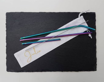Personalized Cotton Bag & Stainless Steel Straw Set, Reusable Eco-Friendly
