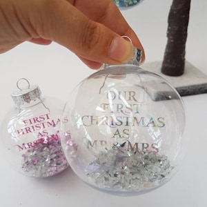 First Christmas as Mr & Mrs Housewarming gift Christmas decoration Rose gold writing Personalised Christmas Bauble Mr and Mrs image 7