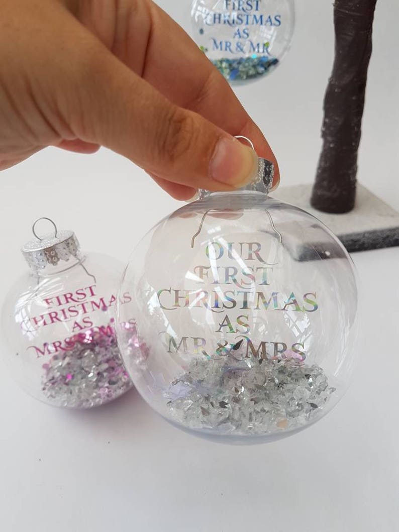 First Christmas as Mr & Mrs Housewarming gift Christmas decoration Rose gold writing Personalised Christmas Bauble Mr and Mrs image 7