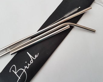 Personalized Silver Stainless Steel Straw Set, Eco Friendly Wedding Favors