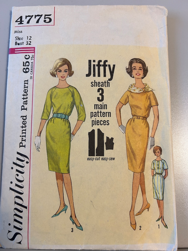 Simplicity Sewing Pattern 4775, 1960s Jiffy Sheath Dress in 3 Views
