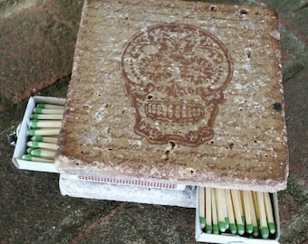 Stone Tile Striker -  Candle Coaster, Handmade Matchbox - Sugar Skull Stamped Decor Item, Coaster Candleholder, Stone Candle Holder