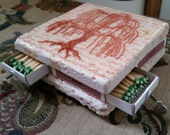 Matchbox Stone Coaster Tile Striker -  Candle Coaster, Handmade Matchbox - TREE Stamped Decor Item, Coaster, Ceramic Candle Holder