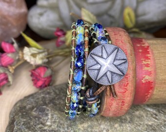Blue Czech Glass Wrap Bracelet With Silver Rose Compass Button
