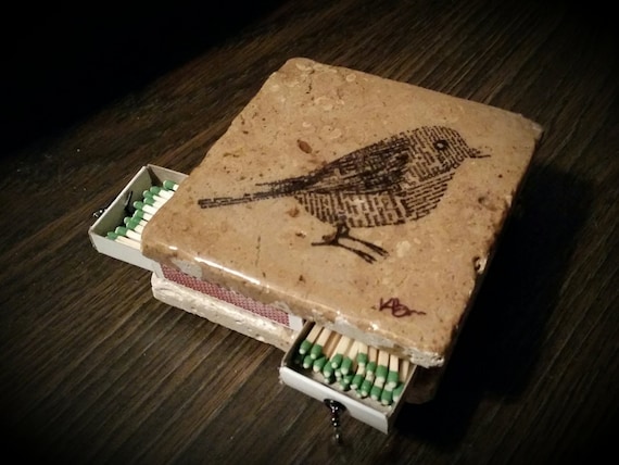 Handmade Stone Tile Matchbox – Bird Stamped Decor, Candle Coaster