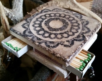 Mandala Stone Tile Striker -  Candle Coaster, Handmade Matchbox - Stamped Decor Item, Coaster Candleholder, Stone Candle Holder