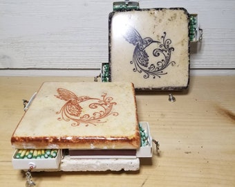 Ceramic Tile Striker -  Candle Coaster, Handmade Matchbox - HUMMINGBIRD Stamped Decor Item, Coaster Candleholder, Ceramic Candle Holder