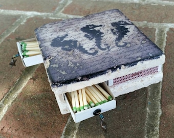 Stone Tile Striker Candle Coaster, Handmade Matchbox - SEAHORSE  Stamped Candleholder and Storage for Matches, Decorative Tile Candle Holder