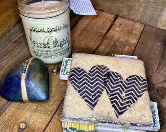 Stone Tile Striker -  Candle Coaster, Handmade Matchbox - Double Heart Stamped Decor Item, Coaster Candleholder, Stone Candle Holder