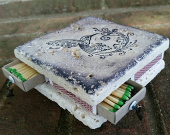 Stone Tile Striker Candle Coaster- Handmade Matchbox, Match Storage, HUMMINGBIRD Decor Item, Coaster Candleholder, Stone Candle Holder