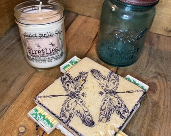 Stone Tile Striker -  Candle Coaster, Handmade Matchbox - DECORATIVE DRAGONFLY Stamped Decor Item, Coaster Candleholder, Stone Candle Holder