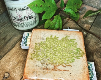 Ceramic Tile Striker -  Candle Coaster, Handmade Matchbox - TREE OF LIFE Stamped Decor Item, Coaster Candleholder, Ceramic Candle Holder