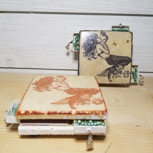 Handmade Stone Tile Matchbox – Mermaid Decor, Candle Coaster