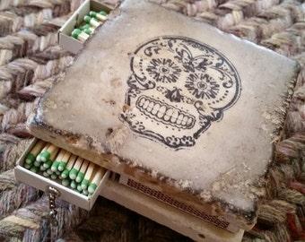 Matchbox Stone Coaster Tile Striker -  Candle Coaster, Handmade Matchbox - Sugar Skull Stamped Decor Item, Coaster Candleholder