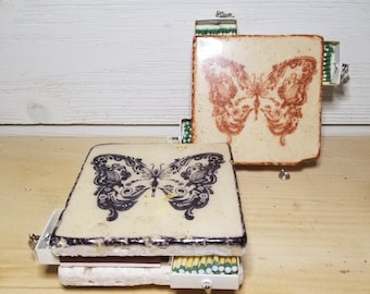 Ceramic Tile Striker -  Candle Coaster, Handmade Matchbox - Butterfly Stamped Decor Item, Coaster Candleholder, Ceramic Candle Holder