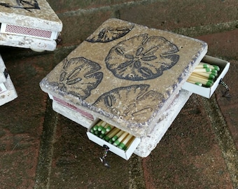 Stone Tile Striker -  Candle Coaster, Handmade Matchbox - SAND DOLLAR Stamped Decor Item, Coaster Candleholder, Stone Candle Holder