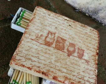 OWL FAMILY Tile Striker- Handmade Candle Coaster and Matchbox, Coaster Style Candleholder, Tile Candle Holder and Match Storage