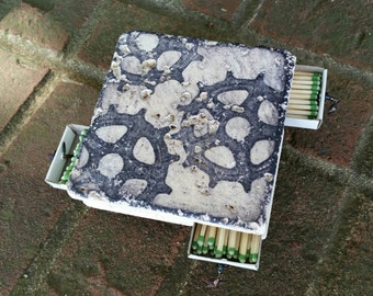 Stone Tile Striker Candle Coaster, Handmade Matchbox - Gears Stamped Candleholder and Storage for Matches, Decorative Tile Candle Holder