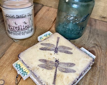 Stone Tile Striker -  Candle Coaster, Handmade Matchbox - DRAGONFLIES Stamped Decor Item, Coaster Candleholder, Stone Candle Holder