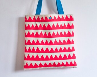 Fluorescent pink triangle screen printed tote bag