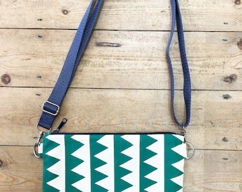 Kelp green triangle pattern cross body bag with adjustable strap