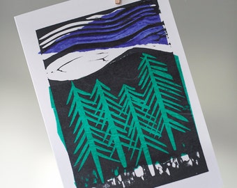 pine trees card from linocut