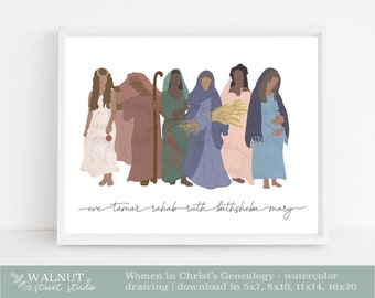 Women in Christ's Genealogy - digital watercolor drawing, INSTANT DOWNLOAD, printable