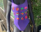 Vintage Purple Beach Fun High-Leg One-Piece Swimsuit Shells Beach Ball Palm Tree 90s Neon Palms Miami Confetti Boats Bathing Suit